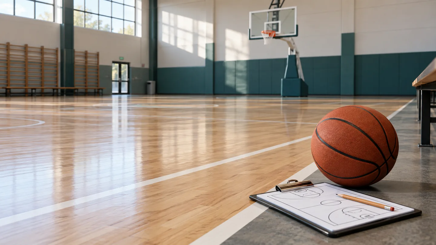 Balón y pizarra de entrenador junto a una pista de baloncesto vacía
